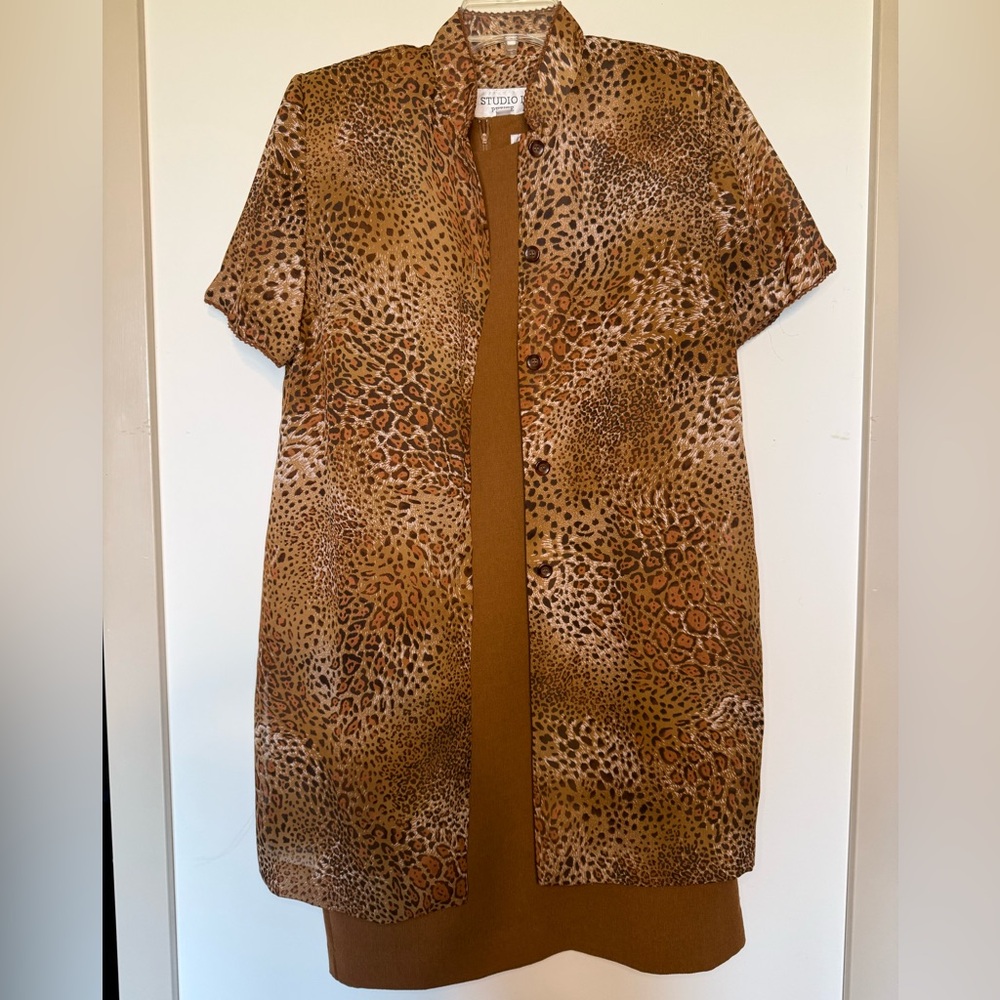 Studio I VINTAGE Petite 8 Brown Leopard Print 2Pc Dress & Short Sleeve Cardi Set